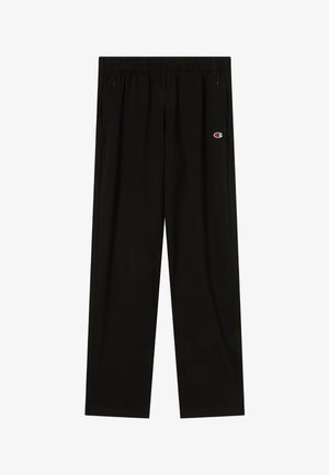 Pantalones negros de pierna recta con cintura elástica, bolsillos laterales y pequeño logo de Champion en el muslo derecho.