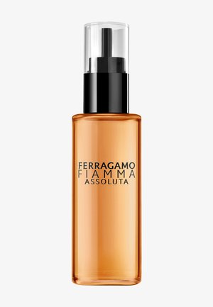 Tall rectangular amber glass bottle with black pump and clear cap labeled Ferragamo Fiamma Assoluta.