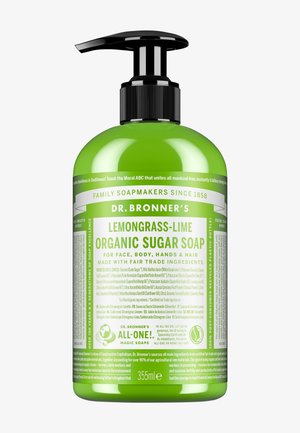 Grøn pumpeflaske med Dr. Bronner's Lemongrass-Lime økologisk sukkersæbe, mærket til ansigt, krop, hænder og hår, 355 ml.