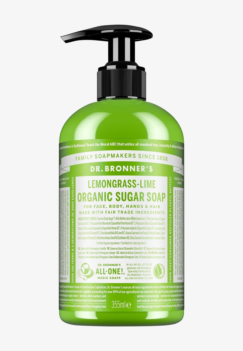 Flacon pompe vert de savon au sucre biologique Lemongrass-Lime de Dr. Bronner’s, étiqueté pour le visage, le corps, les mains et les cheveux, 355 ml.