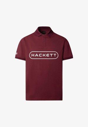 Bordeaux-paitapaita, joka on valmistettu puuvillasta, jossa on kauluspaita, lyhyet hihat ja suuri valkoinen "HACKETT" -logo rinnassa.