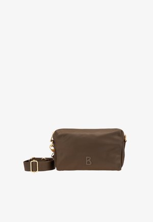 Hnedá nylonová crossbody taška so zipsovým uzáverom, obsahujúca detail s logom, zlatú kovanie a nastaviteľný textilný popruh.