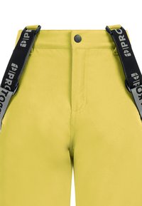 Geel waterdichte broek met verstelbare zwarte banden met het logo, een knoopsluiting aan de voorkant en een gladde textuur.