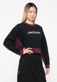 Svart cropped sweatshirt med lilla detaljer og ribbestrikkede ermer. Har "SANTA CRUZ" logo i hvitt med blomsterdetaljer. Myk stofftekstur.