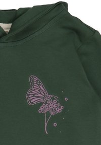 Dunkelgrüner Hoodie mit Lavendel-Schmetterling und Blumenstickerei auf der Vorderseite, aus weichem, glattem Baumwollmaterial.