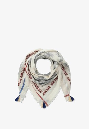 Écharpe crème clair avec des imprimés floraux gris, texte rouge "Mon Amour Ma Chérie", et des pompons bleu et crème sur trois coins.