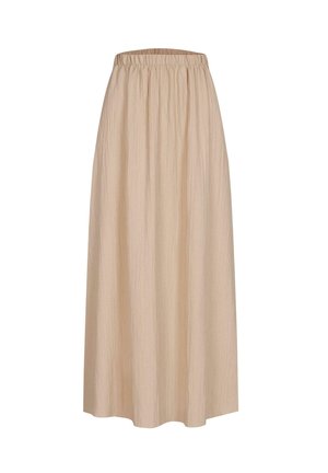 Beige, ankel-langt nederdel med elastisk talje. Stoffet har et subtilt, struktureret mønster med lodrette folder.