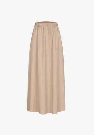 Beige, ankle-length skirt with an elastic waistband. The fabric features a subtle, textured pattern with vertical pleats.