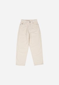 Beige corduroy pants with a loose fit, visible stitching, five-pocket design, and logo on the waistband. Smooth texture and straight legs.