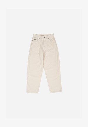 Pantalones de pana beige con un corte holgado, costuras visibles, diseño de cinco bolsillos y logo en la cintura. Textura suave y piernas rectas.