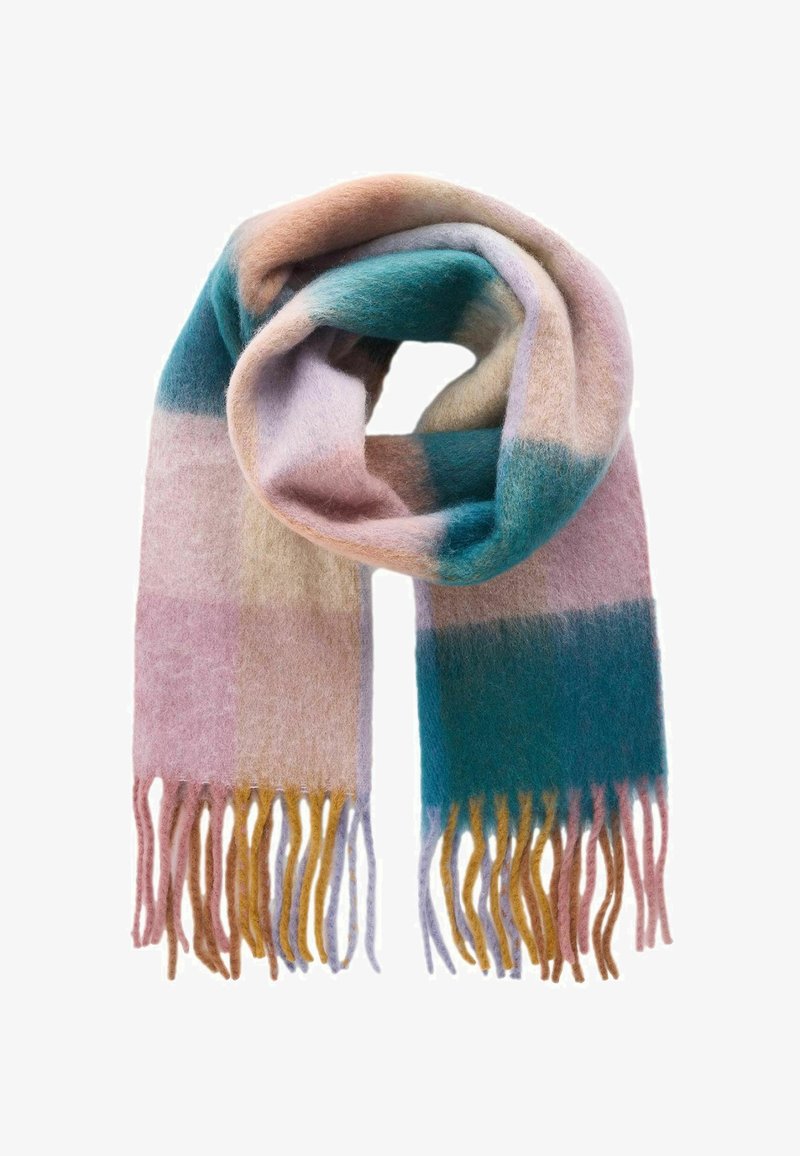 Monivärinen huivi, joka on valmistettu pehmeästä materiaalista, ja jossa on ruutukuosiset vaihtoehdot vaaleanpunaisen, sinisen ja keltaisen sävyissä. Huivi on viimeistelty pitkillä hapsuilla.