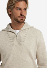 Beiger Strickpullover mit hohem Kragen und Reißverschluss. Mit geripptem Textur und subtilen Zopfmuster auf der Brust. Weiches Material.