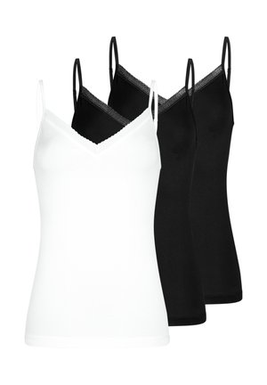 Trois camisoles pour femmes avec encolures en V à bordure de dentelle, deux noires et une blanche, disposées en pile décalée.