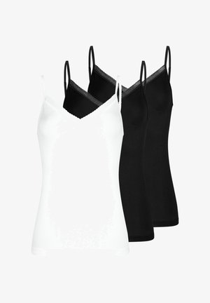 Trois camisoles pour femmes avec encolures en V à bordure de dentelle, deux noires et une blanche, disposées en pile décalée.