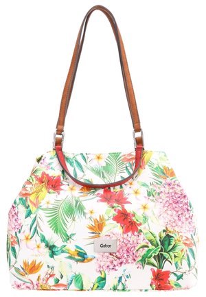 Sac à main porté épaule avec des bretelles marron et un motif tropical coloré de fleurs et d'oiseaux sur fond blanc, étiquette métallique rectangulaire de la marque à l'avant.