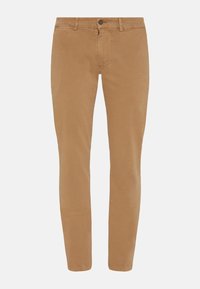Pantaloni marroni chiari realizzati in tessuto di cotone liscio. Presentano una vestibilità slim, un design a cinque tasche standard e una chiusura con bottone superiore.