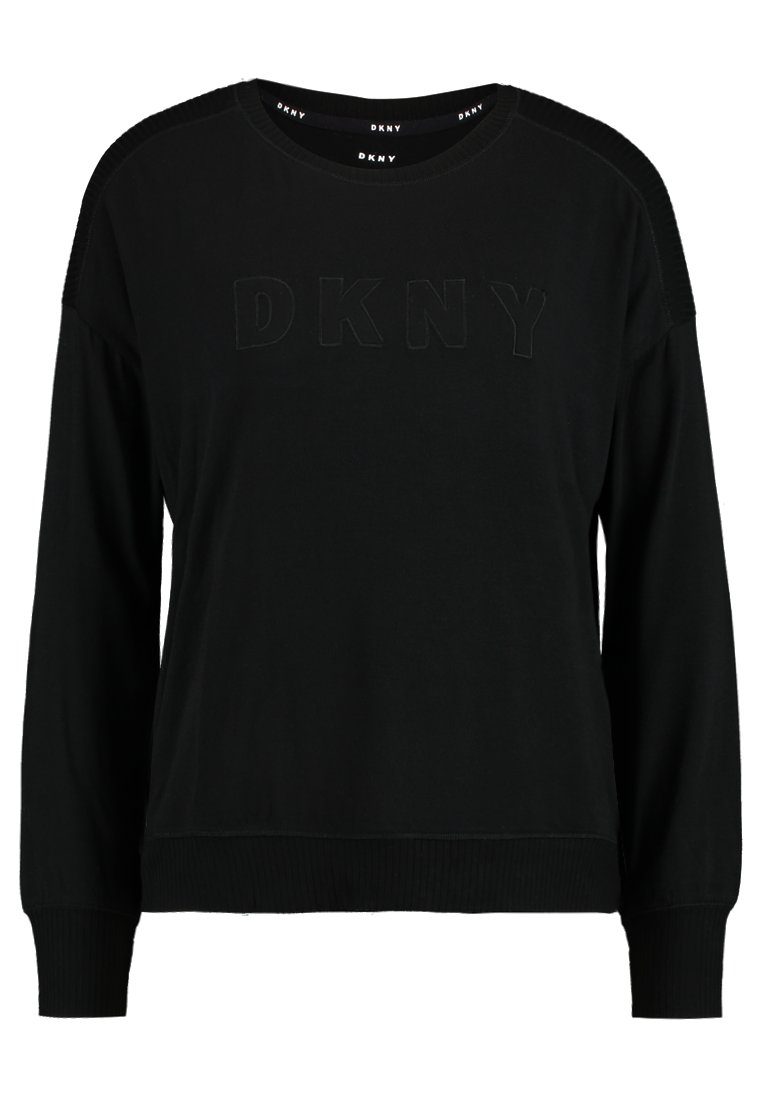 Czarna bluza z długim rękawem z miękkiego materiału, z zatrzymanym dołem i mankietami, z wytłoczonym logo "DKNY" na przodzie.