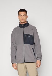 Giacca in pile grigia con tasca sul petto blu navy, colletto alto e zip frontale. Presenta tasche laterali e cuciture a contrasto. Abbigliamento per attività all'aperto.