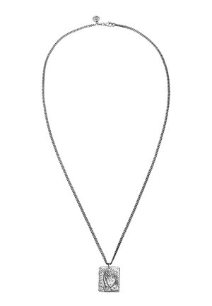 Silver necklace with a textured chain and rectangular pendant featuring a relief of clasped hands, set against a sunburst design.