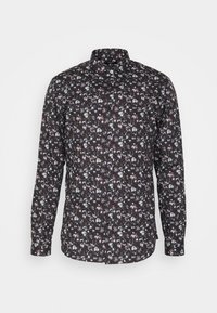 Camicia nera a maniche lunghe con bottoni, caratterizzata da un motivo floreale in tonalità di bianco, rosso e blu su uno sfondo scuro.