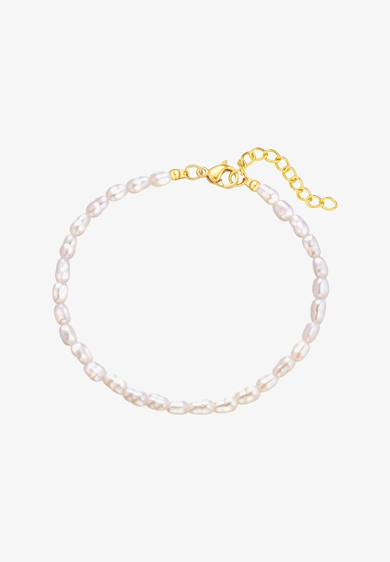 Brățară din perlă de apă dulce albă, cu o formă ovală, dotată cu un închizător de tip homar din aur și extensie ajustabilă în lanț. Textură netedă și lustruită.
