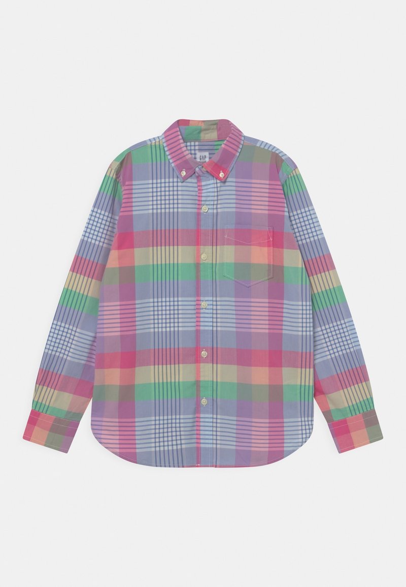 Chemise manches longues à boutons avec un motif à carreaux pastel multicolore et une seule poche poitrine, affichée à plat sur un fond blanc.