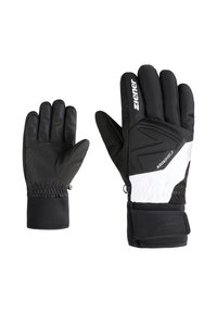 Black ski gloves with a textured grip, elastic cuffs, and white accents. Features include reinforced stitching and waterproof material.