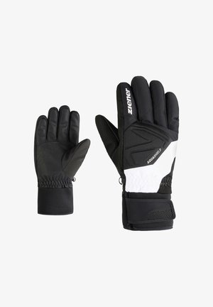 Schwarze Skihandschuhe mit strukturiertem Griff, elastischen Bündchen und weißen Akzenten. Zu den Merkmalen gehören verstärkte Nähte und wasserdichtes Material.