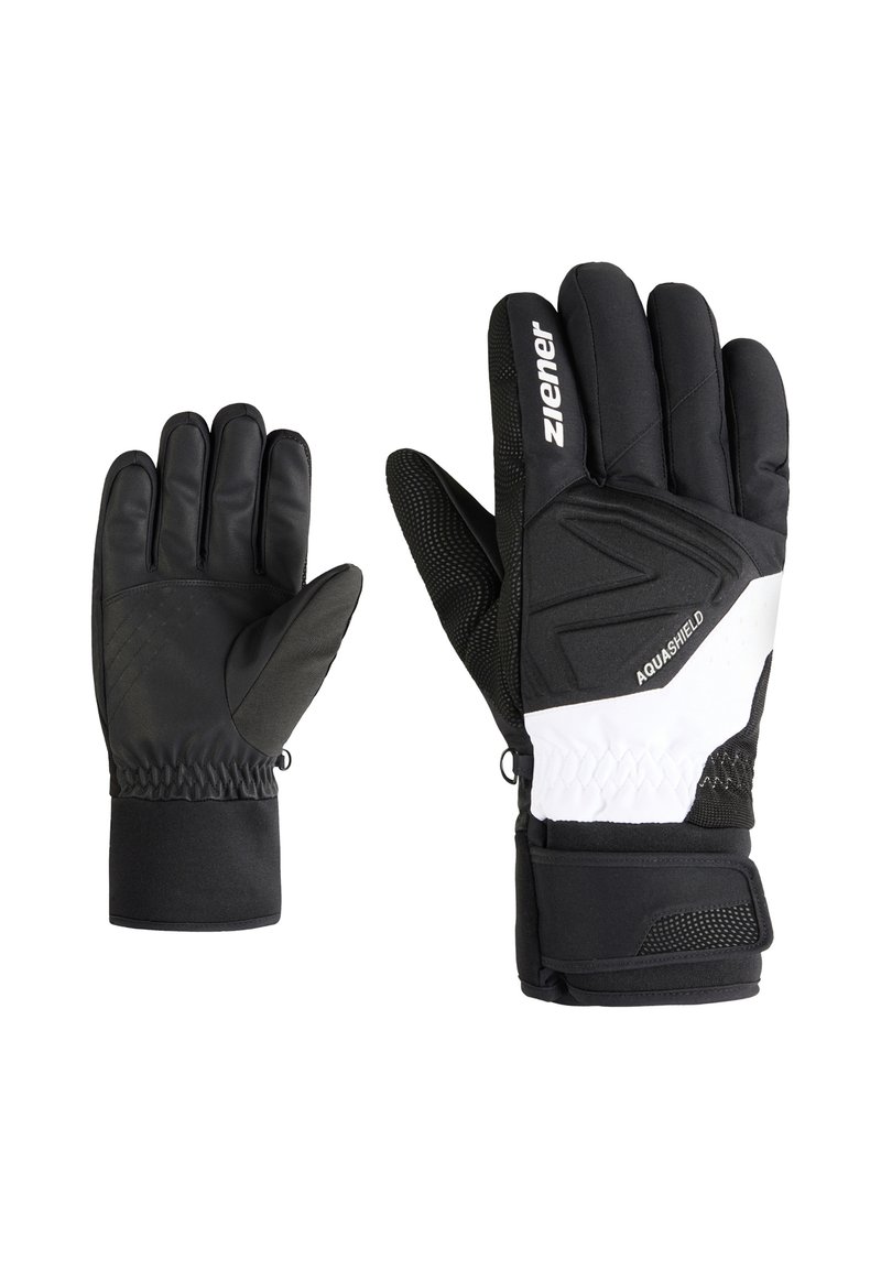 Black ski gloves with a textured grip, elastic cuffs, and white accents. Features include reinforced stitching and waterproof material.