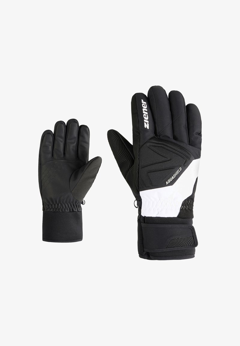 Black ski gloves with a textured grip, elastic cuffs, and white accents. Features include reinforced stitching and waterproof material.