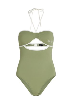 Eénstuk zwempak in olijfgroen met witte accenten, voorzien van een bandeau-halslijn, uitgesneden ontwerp en strikbandjes aan de achterkant.