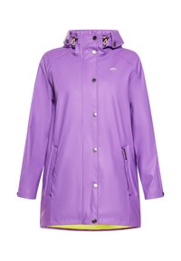Cappotto impermeabile viola con bottoni a pressione argentati, cappuccio con coulisse, tasche laterali e rivestimento interno giallo.