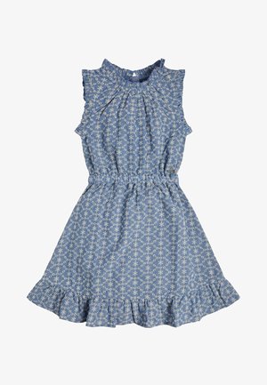 Robe bleu sans manches avec des épaules volantées, une taille élastique et un imprimé floral. Tissu doux avec un ourlet à volants.