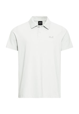 Light grey polo shirt made of cotton blend material. Features a classic collar, short sleeves, and a subtle logo on the chest.