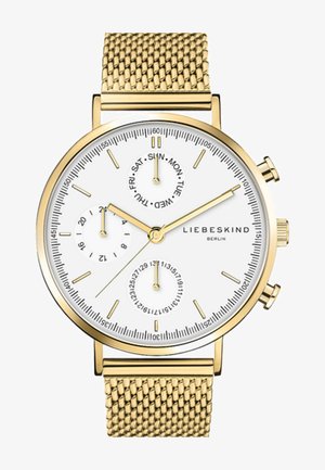 Goldfarbene Uhr mit weißem Ziffernblatt, Netzarmband, Stundenmarkierungen und zwei Unterziffernblättern für Datum und Wochentag. Verfügt über eine glatte metallische Oberfläche.