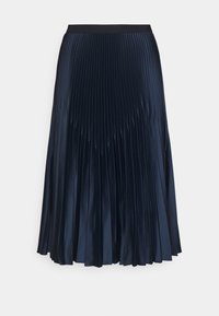 Marinblå plisséed kjol tillverkad av mjukt tyg med en bred midja. Har vertikala plisseringar och en midilång design.