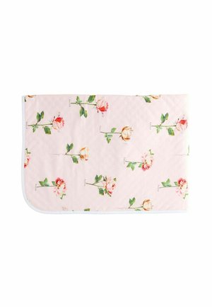 Quilted pink fabric with a floral pattern featuring roses and green leaves, bordered with white trim, rectangular shape.
