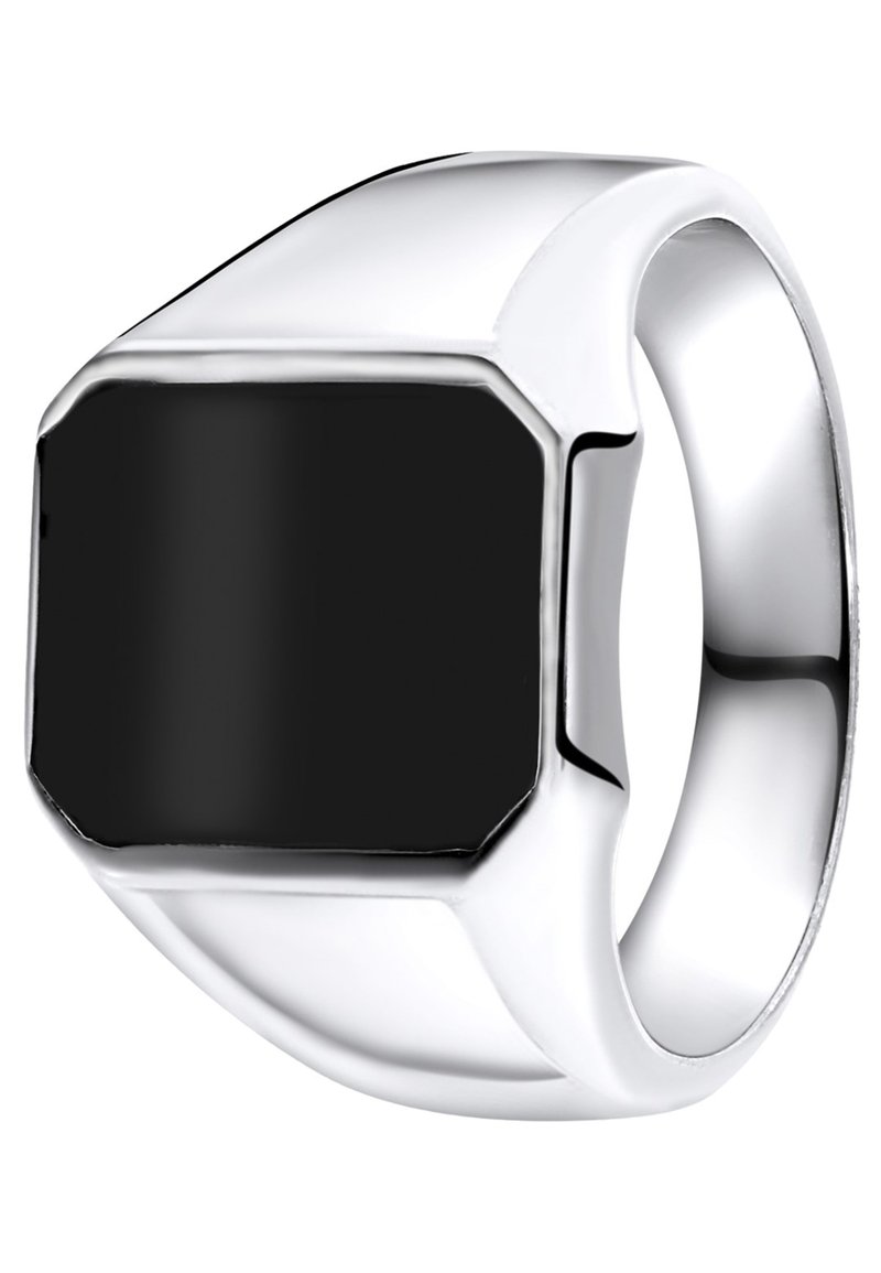 Zilveren ring met een octagonale zwarte center. Glad, gepolijst oppervlak; brede band; minimalistisch ontwerp; geen zichtbare gravures of accenten.