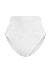Vita högmidjade underkläder med ett blommönster i spets och en mjuk, elastisk midjeband med "oola"-logotyp.