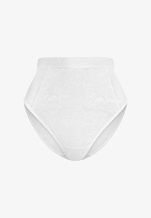 Valkoiset korkeavyötäröiset alusvaatteet, joissa on kukkakuvioitu pitsipaino ja pehmeä, joustava vyötärönauha, jossa on "oola" -brändäys.