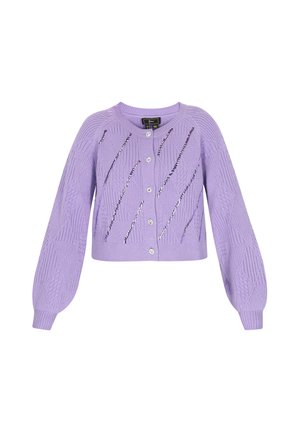 Lilac knitted cardigan featuring long puff sleeves, diamond patterning, and metallic vertical stripes. Fastens with three white buttons.