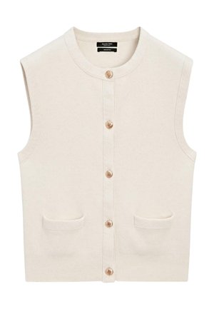 Ärmellose beige Strickweste mit rundem Ausschnitt, vorderer Knopfleiste, zwei Fronttaschen und geripptem Saum, aus 100 % Baumwolle.