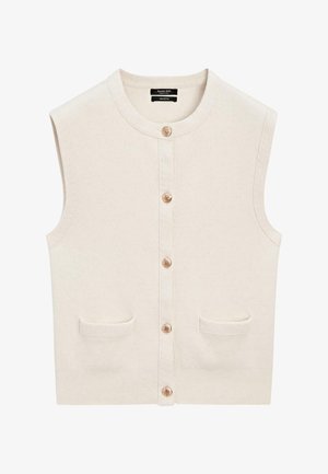 Gilet beige sans manches en maille avec encolure ronde, fermeture à boutons sur le devant, deux poches avant et ourlet côtelé, en 100 % coton.