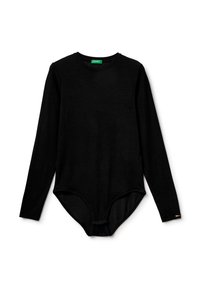 Dlouhý rukáv černého body vyrobeného z elastického materiálu. Má kulatý výstřih, zaoblený lem a cvok na dně.