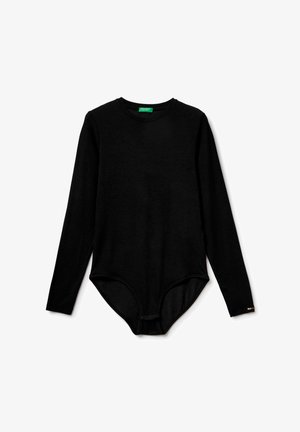 Zwarte longsleeve bodysuit van rekbare stof. Heeft een ronde halslijn, een afgeronde zoom en een drukknoopsluiting onderaan.