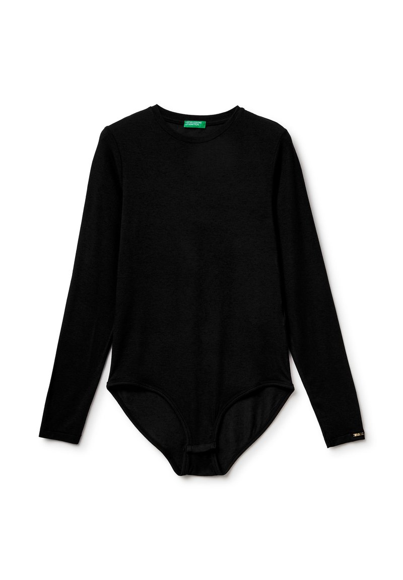 Dlouhý rukáv černého body vyrobeného z elastického materiálu. Má kulatý výstřih, zaoblený lem a cvok na dně.