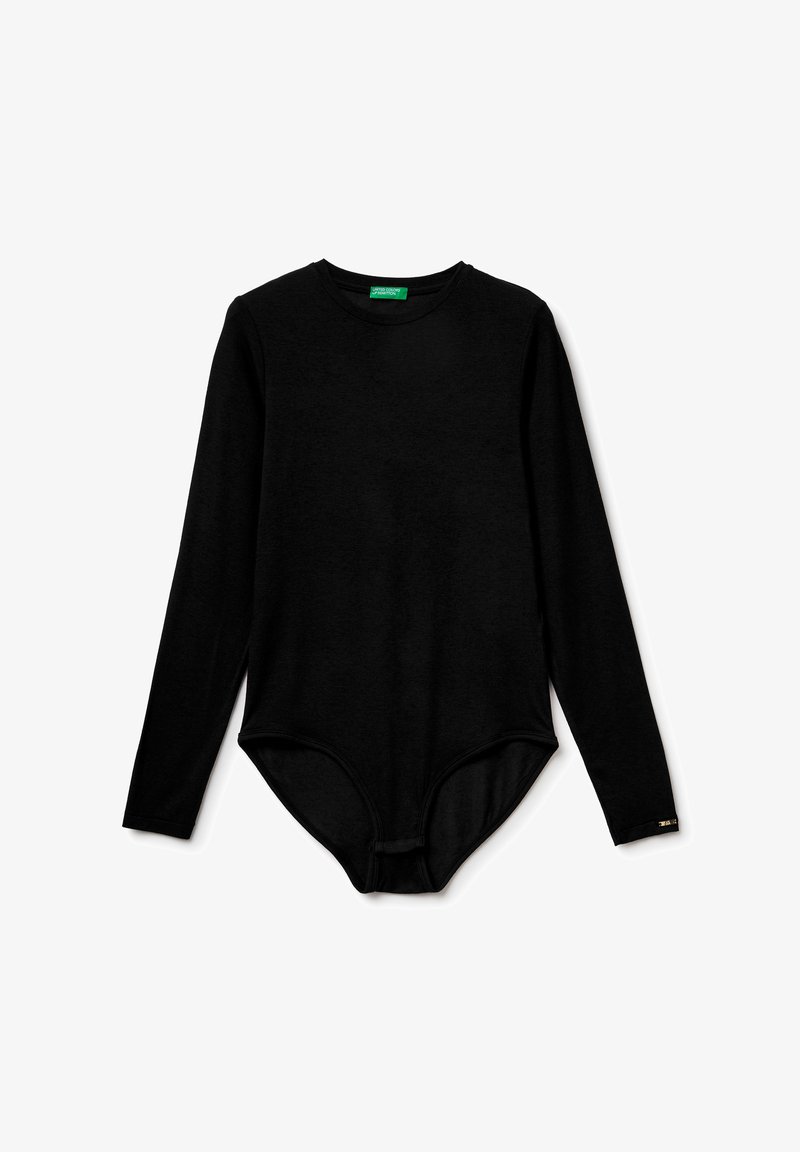 Zwarte longsleeve bodysuit van rekbare stof. Heeft een ronde halslijn, een afgeronde zoom en een drukknoopsluiting onderaan.