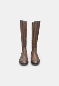 Brown leather knee-high boots with a smooth finish, straight design, and side zippers. Rounded toe and sturdy soles. Minimalist style.