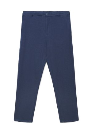 Pantaloni blu navy a gamba dritta con chiusura a bottone e zip, passanti per cintura e due tasche laterali, stesi su uno sfondo bianco.