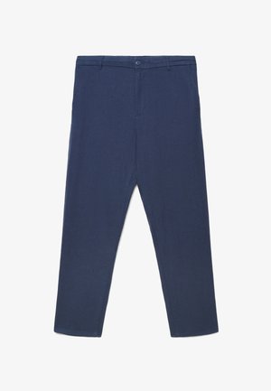 Pantaloni blu navy a gamba dritta con chiusura a bottone e zip, passanti per cintura e due tasche laterali, stesi su uno sfondo bianco.